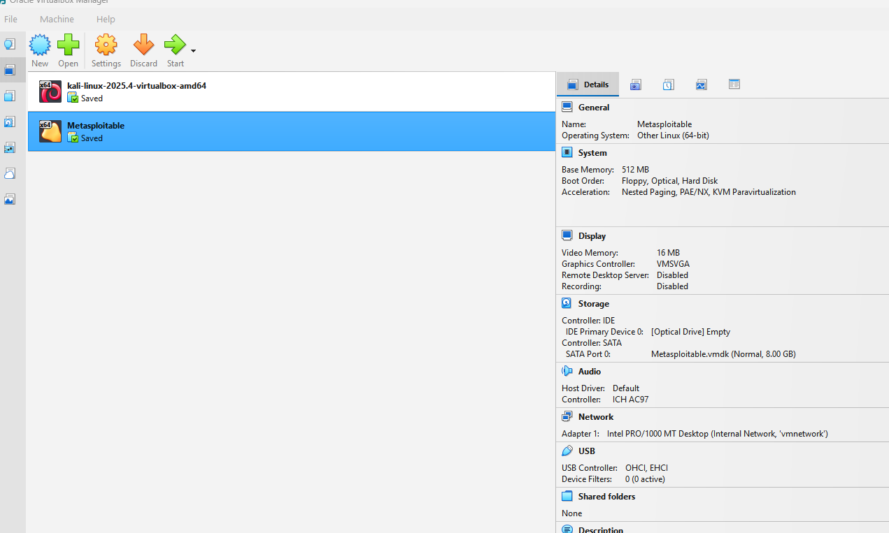 Virtual Machines: Kali Linux and Metasploitable2